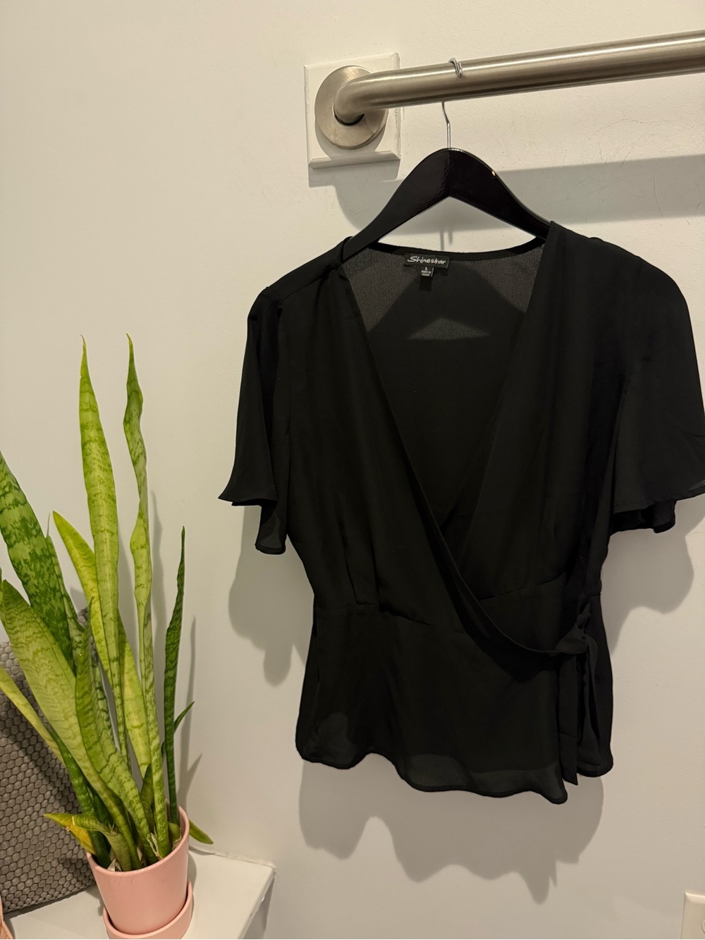 Shinestar Black Wrap Blouse - Short Sleeve V-Neck